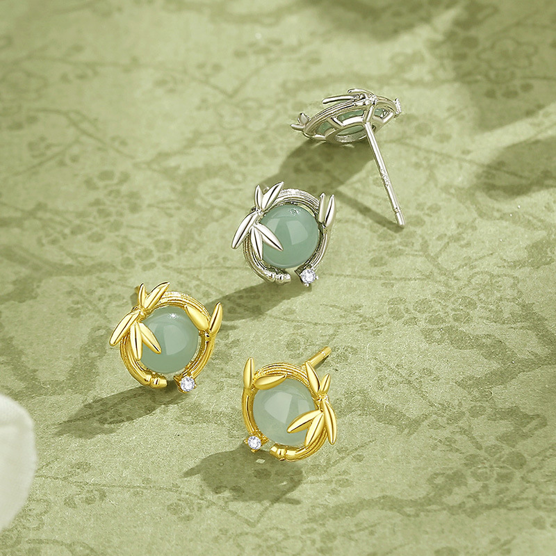 Original bamboo leaf jadeite earrings for women, pure silver, artistic retro Chinese style earrings, new Chinese style bamboo knot earrings