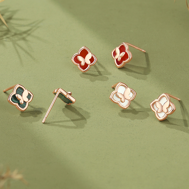 Original butterfly, four-leaf clover, and malachite stud earrings for women, made of 925 sterling silver, featuring a forest-inspired, minimalist, and luxurious design, with silver posts