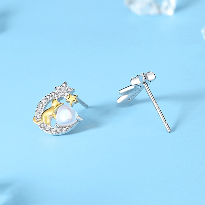 925 Sterling Silver Moon Star Cat Stud Earrings| Moonstone Jewelry