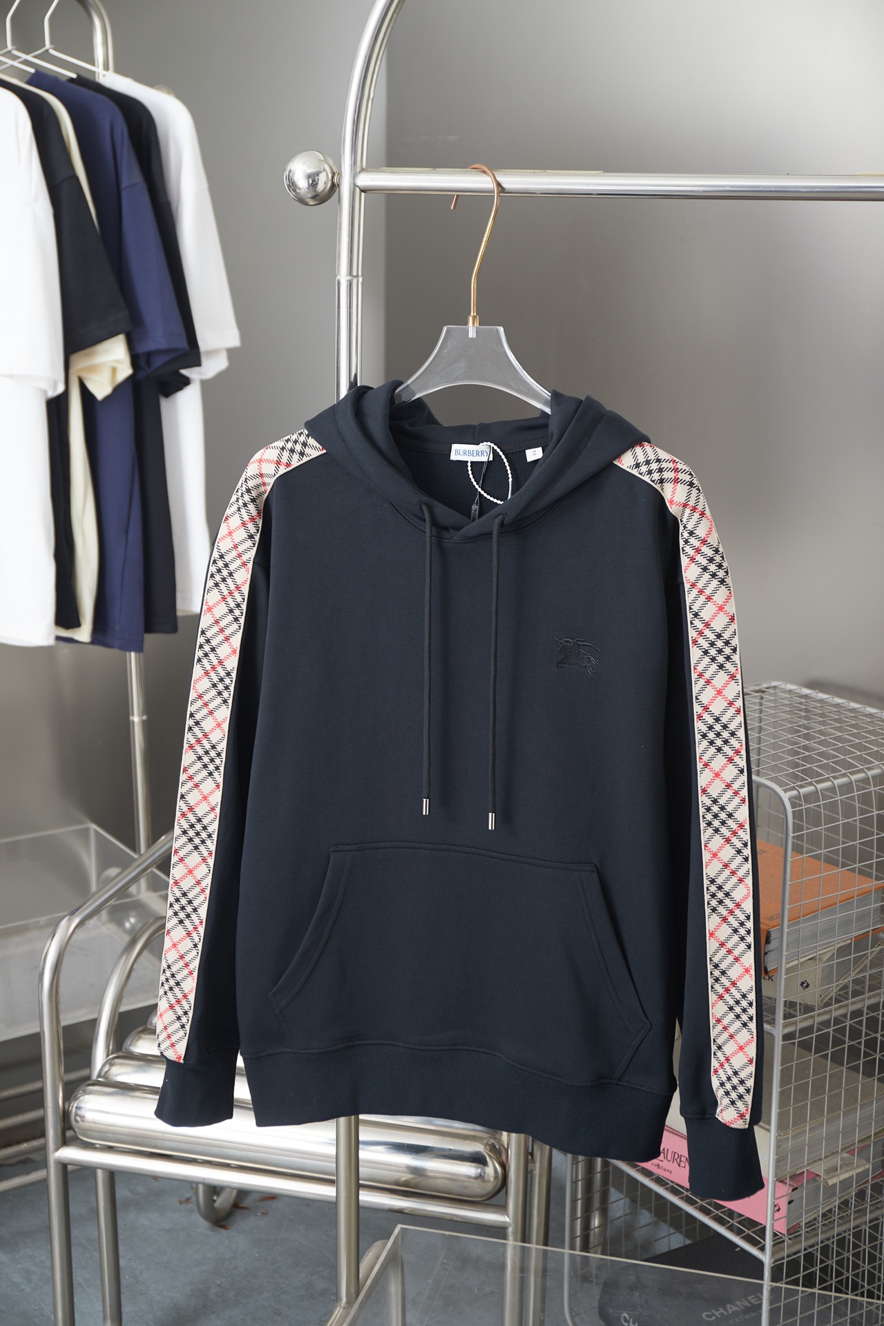Plaid Web Embroidery Print Long Sleeve Hoodies