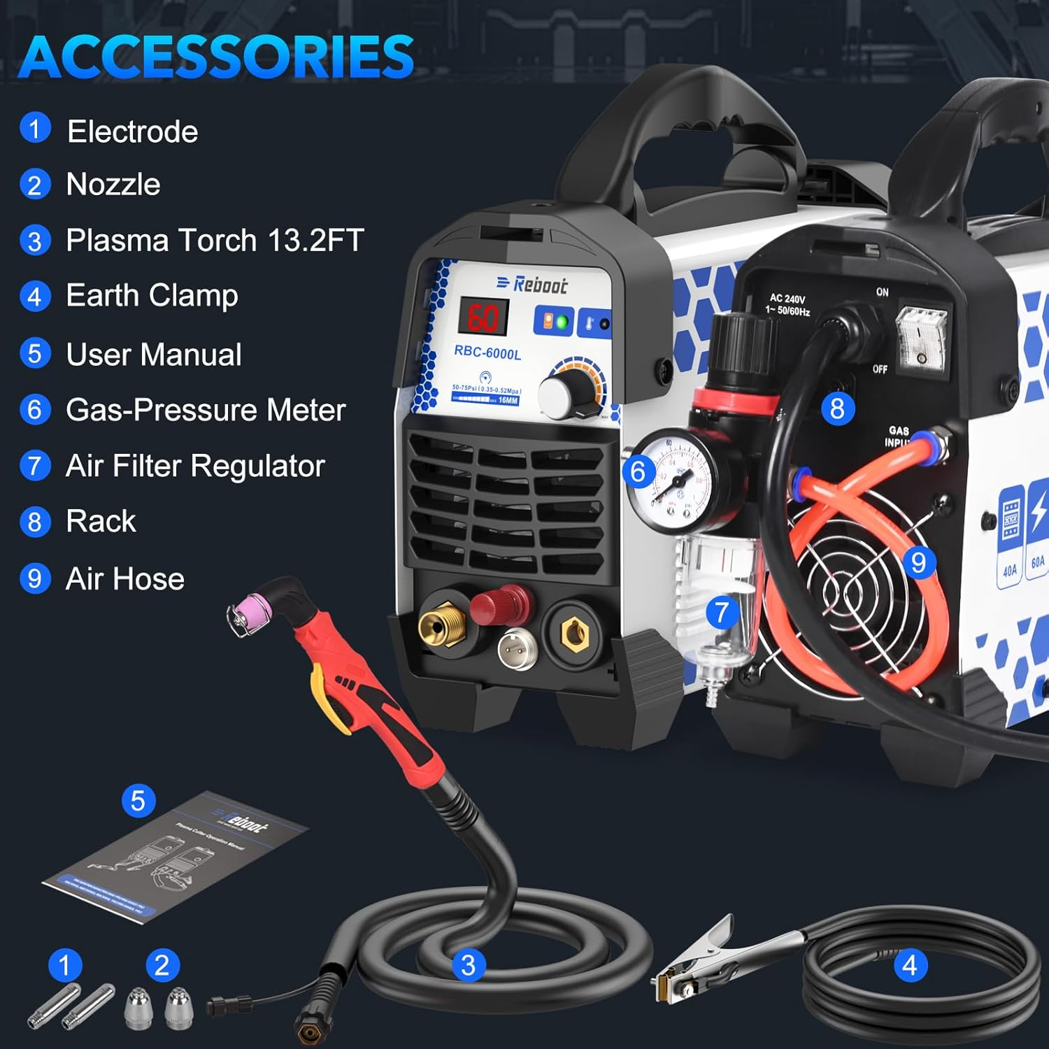 Non-Touch Pilot Arc Plasma Cutter, 60Amp 240V, 16MM Max Cut, Consumable Set Included - Ideal for DIY Project,RBC6000L