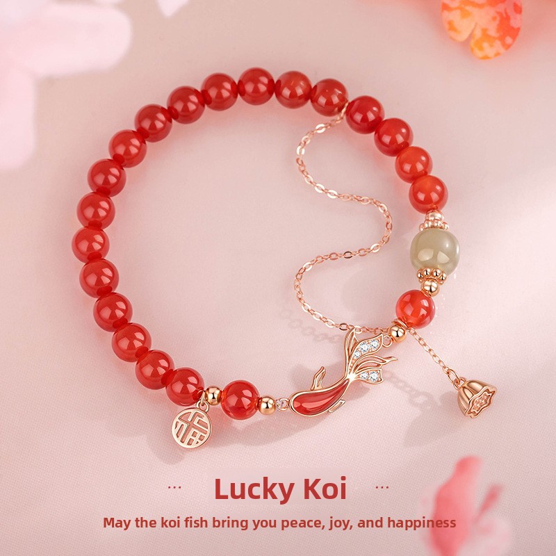 S925 sterling silver lucky koi and Hetian jade bracelet for women, retro Chinese style, new Chinese style red agate bracelet, holiday gift