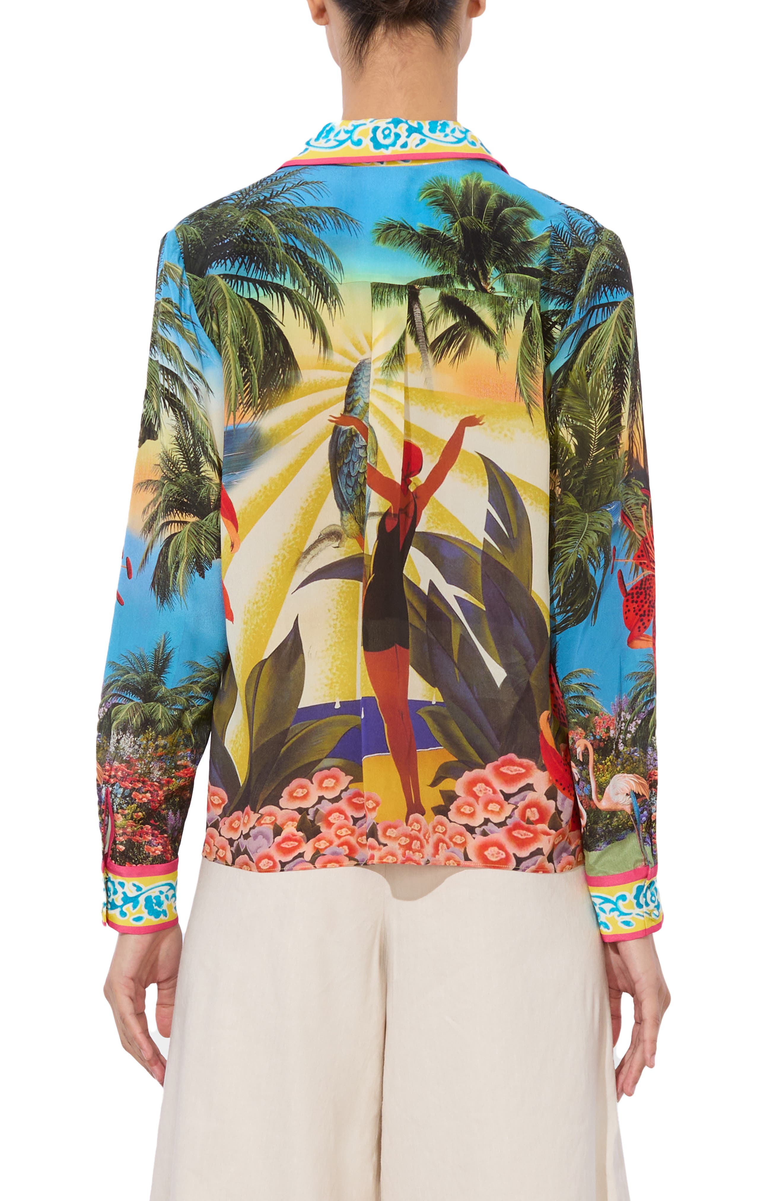 Alice + Olivia Willa Tropical Print Silk Button-Up Shirt