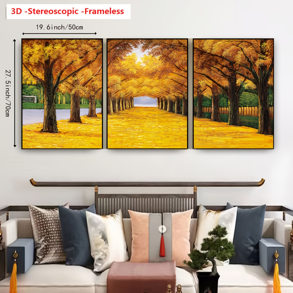3-Piece Pure Hand-Painted, High-Quality Artistic Triptych for Minimalist Wall Decoration Oil Painting (Abstract Golden Autumn Forest Landscape Art with Thick Knife Texture and Three-Dimensional Visual Effect) Modern Stylish Decor