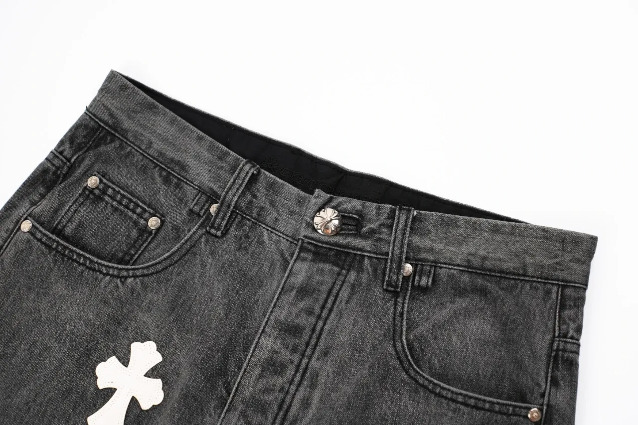 Chrome Hearts Black Grey Flame Cross Leather Patch Jeans product photo from LabelPicks