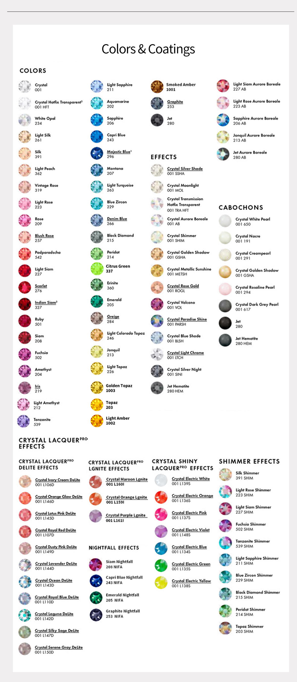 Swarovski Hotfix Crystal Color Card