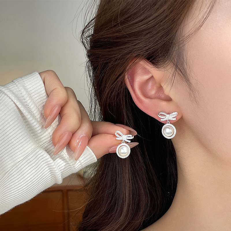 925 sterling silver bow pearl earrings, Korean-style, simple and delicate, mosquito coil-shaped, with cubic zirconia, French retro style