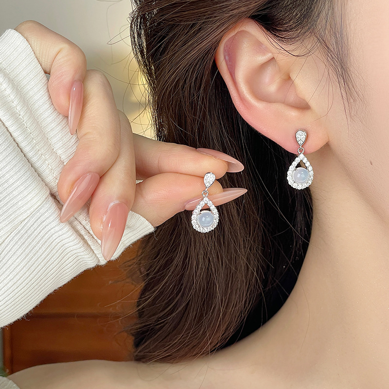 925 sterling silver, sparkling teardrop earrings, vintage Chinese-style design, exuding elegance and sophistication, white jade earrings with delicate cubic zirconia accents