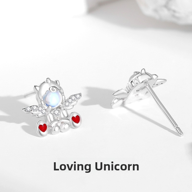 Original design, heart-shaped unicorn earrings for women, unique and stylish angel earrings, 925 sterling silver, moonstone earrings for girls