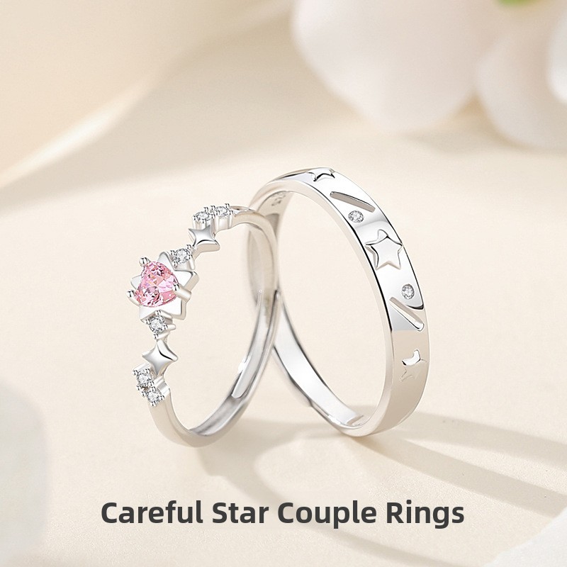 Original design, star-themed couple rings, made of 925 sterling silver, featuring a minimalist and luxurious style with delicate cubic zirconia accents, suitable for both men and women