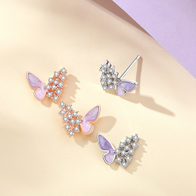 Original 925 sterling silver butterfly earrings for women, forest style, fresh and delicate, full of diamonds, enamel earrings, niche fashion accessories