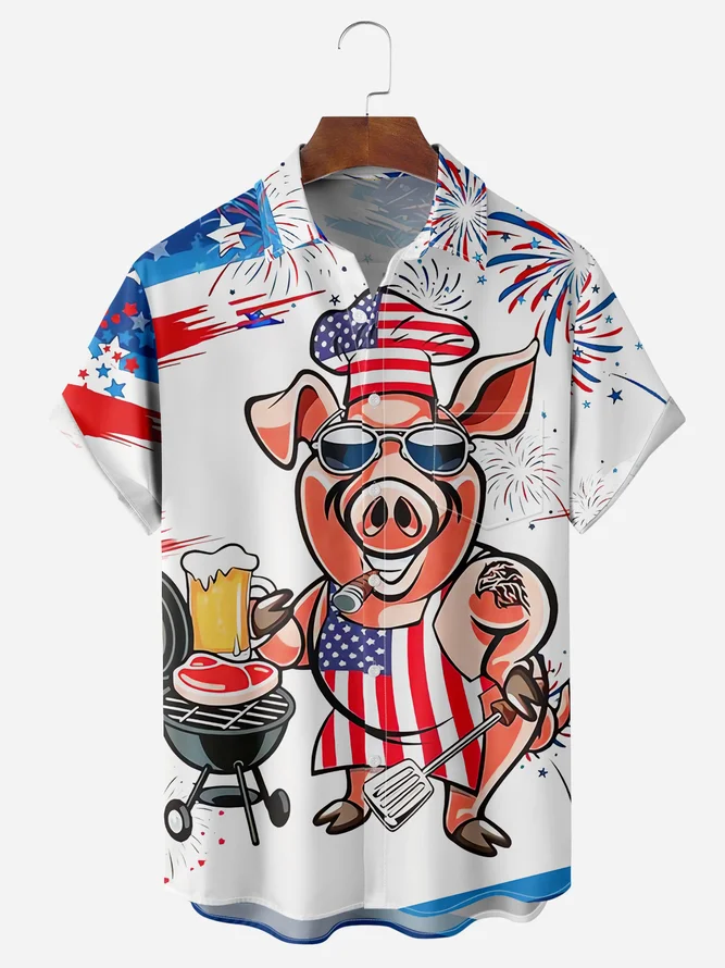 American Flag Mr Pig Cook Chest Pocket Short Sleeve Casual Shirt