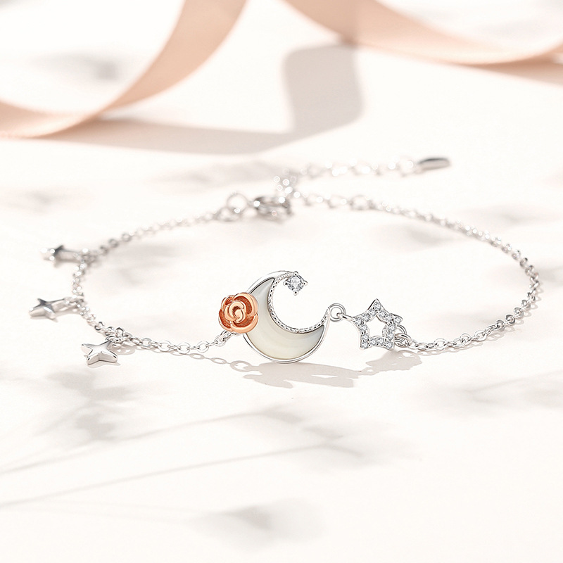 Original Moonlight Rose Bracelet for Women, Pure Silver, Fashionable and Luxurious, Star and Moon Mother-of-Pearl Bracelet, Unique and Exquisite, Perfect for Best Friends