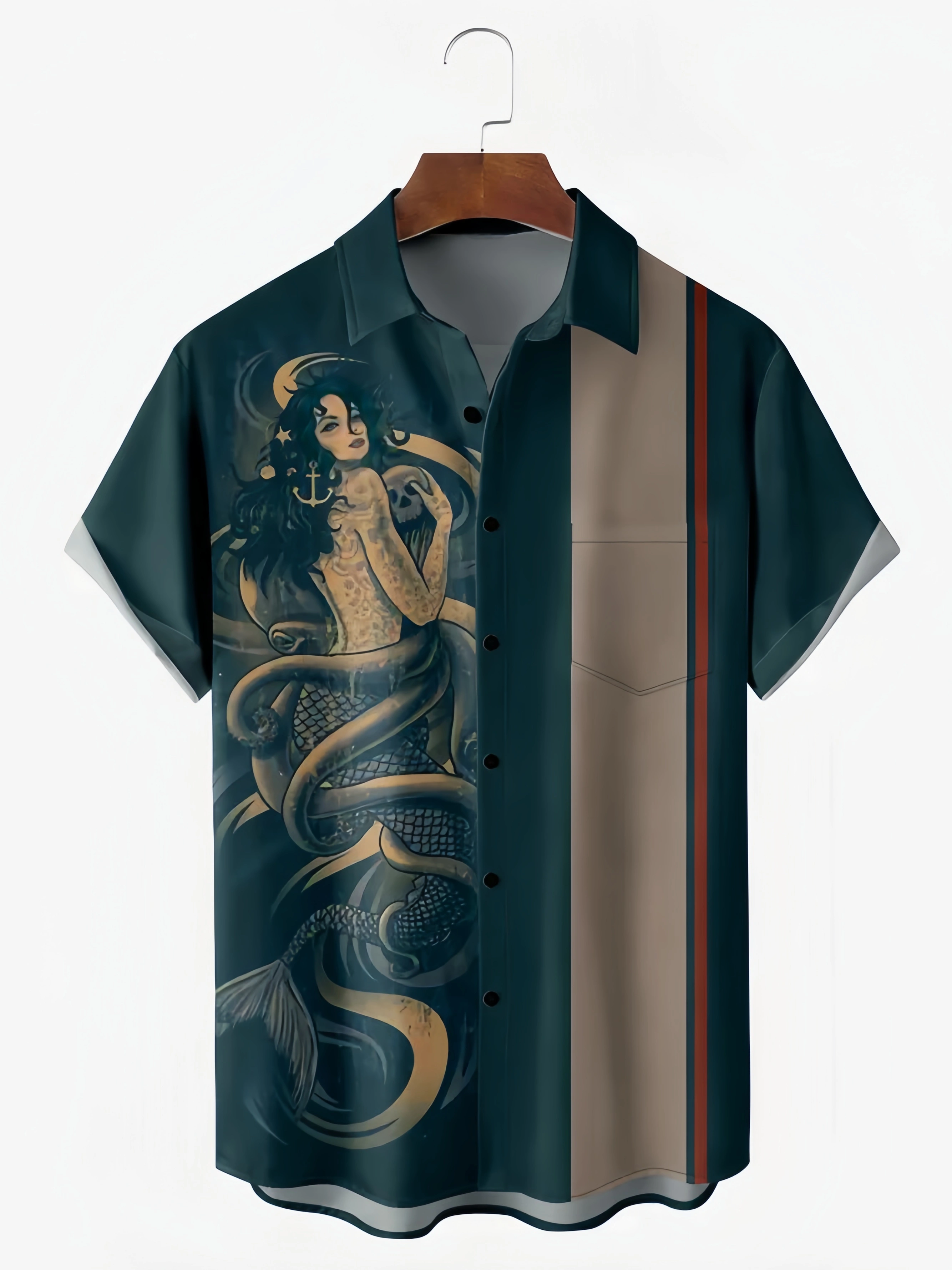 Mermaid Chest Pocket Short Sleeve Bowling Shirt