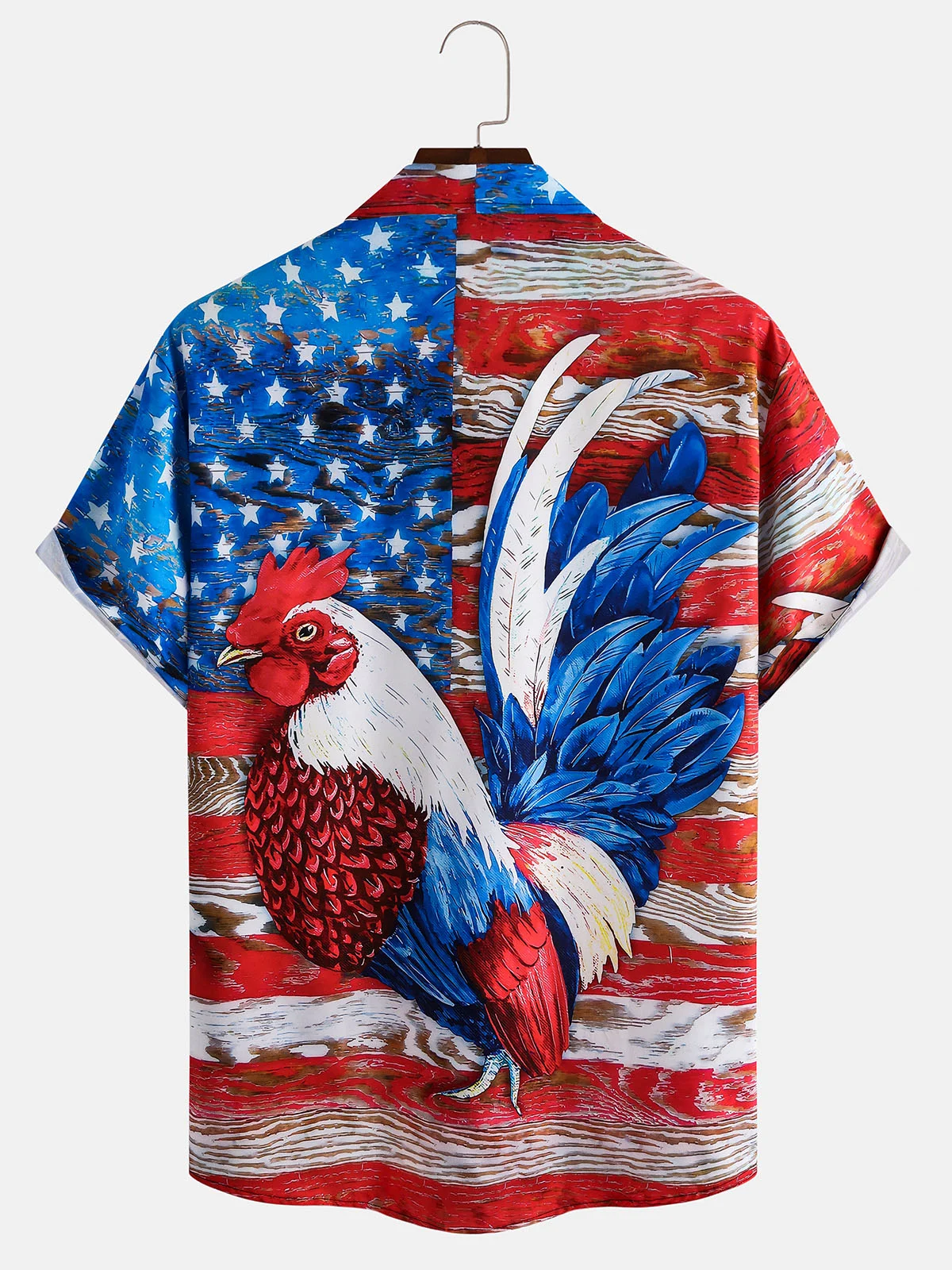 Men's Flag and Rooster Print Casual Breathable Hawaiian Short Sleeve Shirt