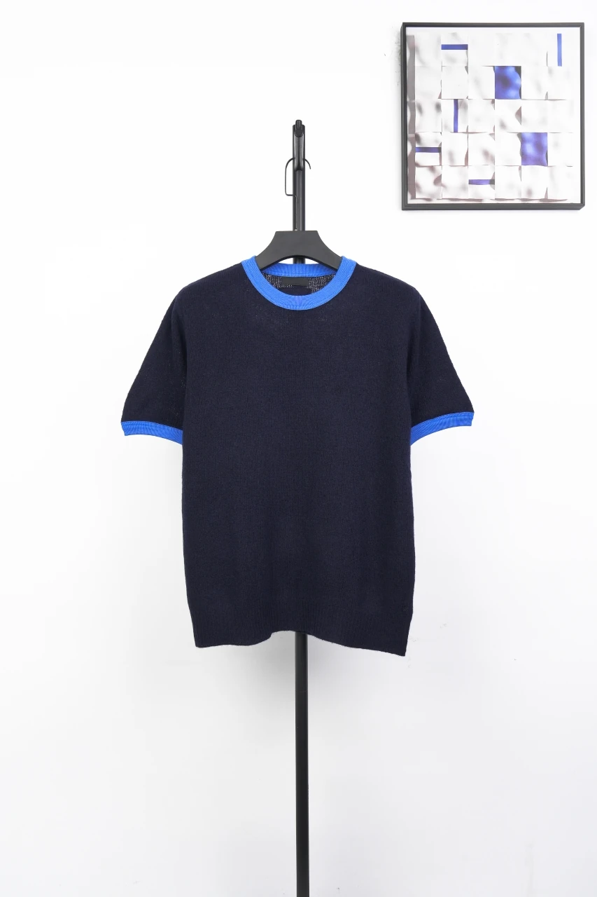Prada Navy Wool Knit Short Sleeve Top with Blue Trims product photo from LabelPicks