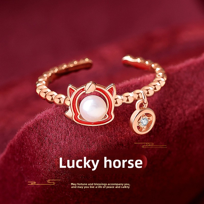 Original Lucky Horse Pearl Ring for Women, Pure Silver, Chinese Style, New Chinese Style, Heart-Shaped Unicorn Red Rope Ring, Index Finger Ring