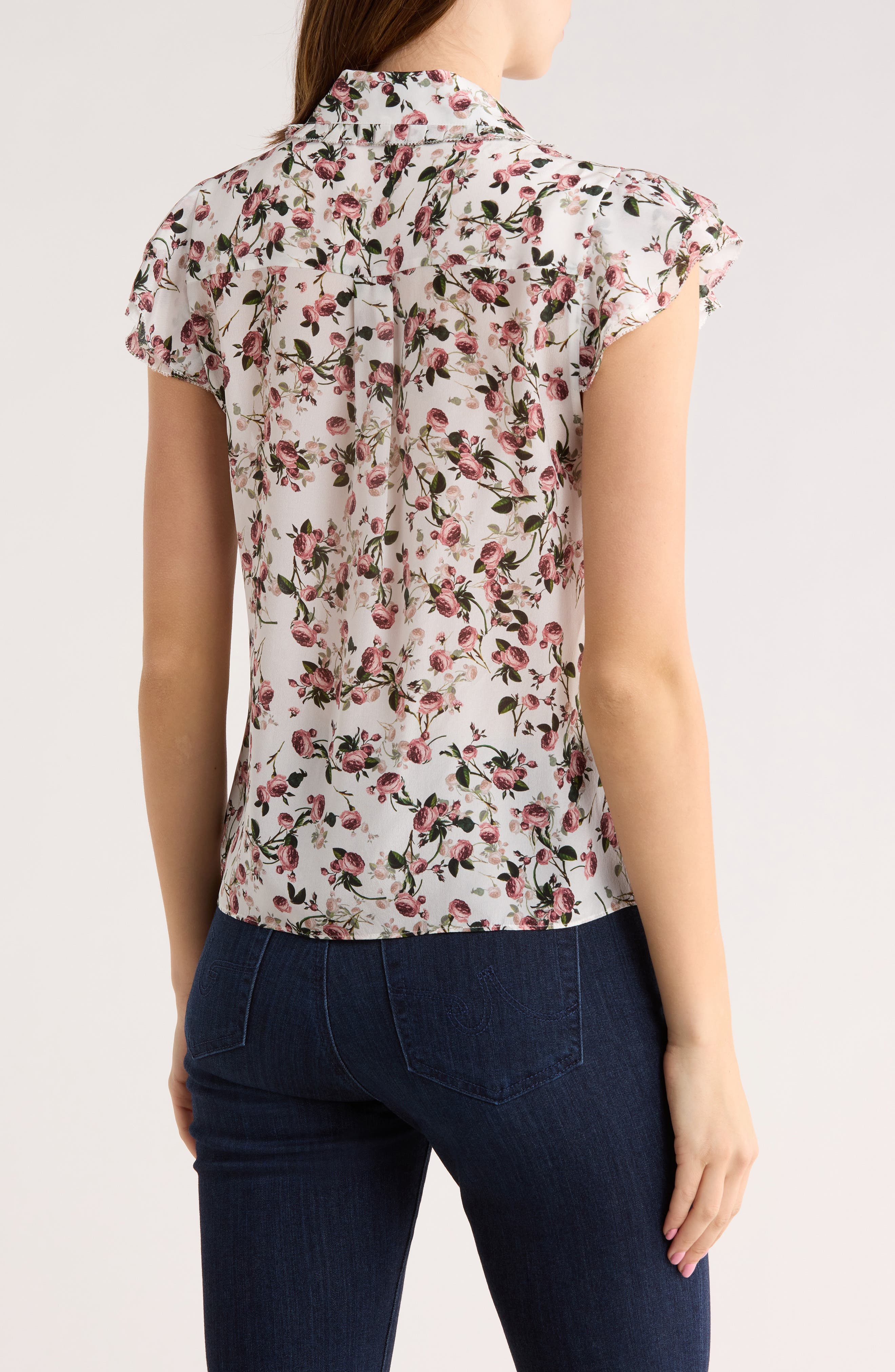 Alice + Olivia Martel Floral Flutter Sleeve Silk Button-Up Top
