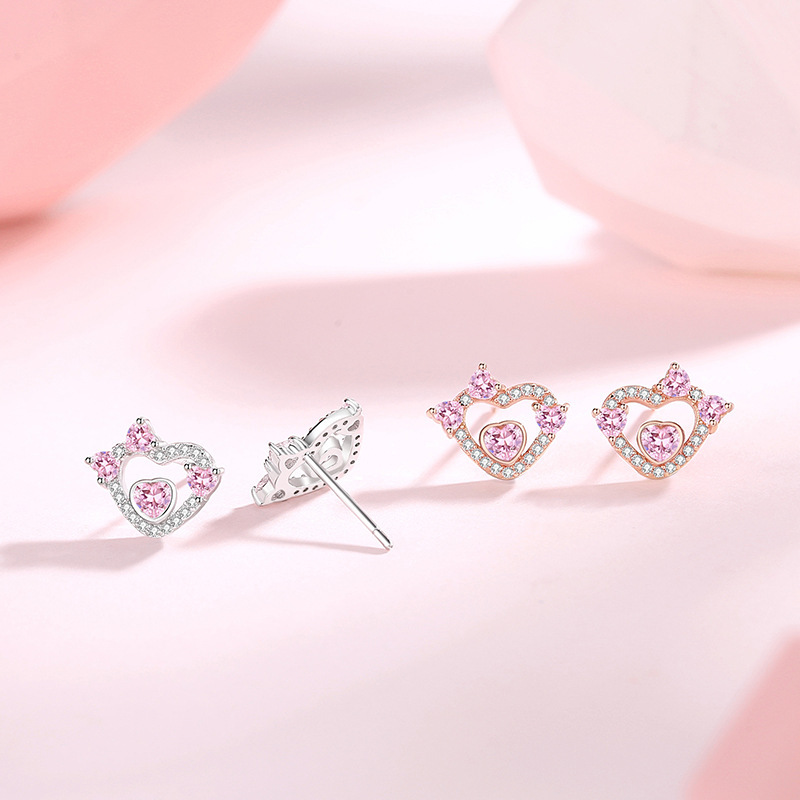 Original Sweetheart Earrings for Girls, 925 Sterling Silver, Fresh and Fresh Ins Style, Niche Heart-Shaped Earrings with Pink Zirconia