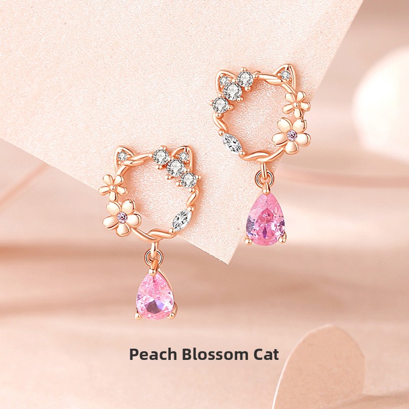 Original Peach Blossom Cat Earrings 925 Sterling Silver Niche Design Earrings Forest Style Micro-Paved Earrings Ins Ear Jewelry