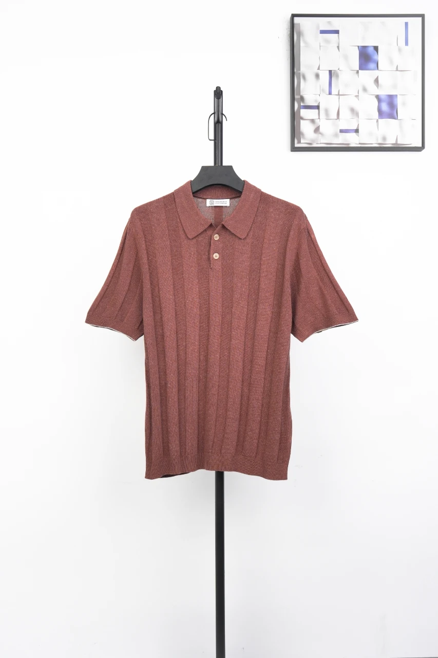 Brunello Cucinelli Terracotta Linen-Blend Ribbed Polo Shirt product photo from LabelPicks