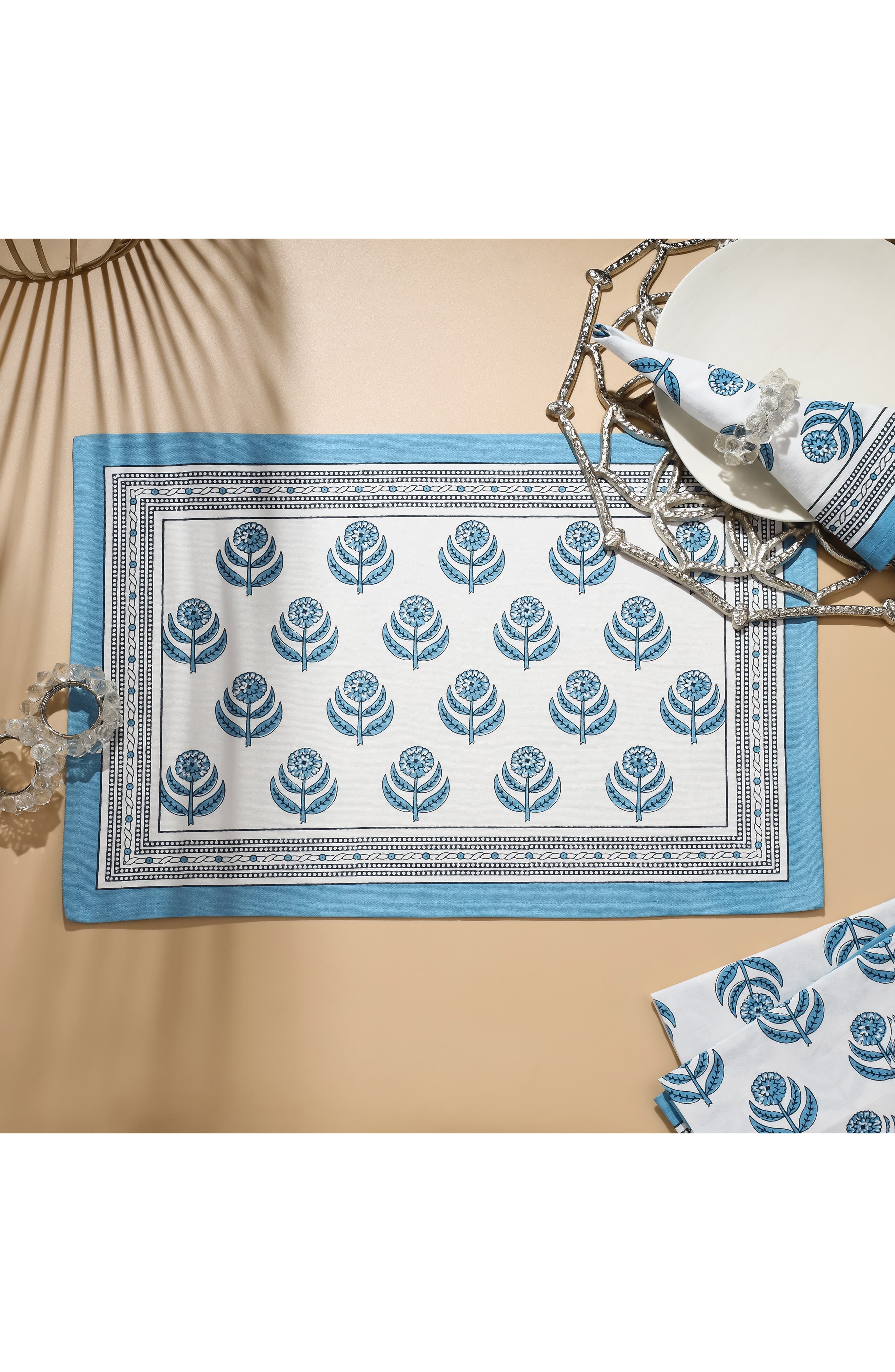 Tiramisu Set of 4 Floral Block Print Cotton Napkins