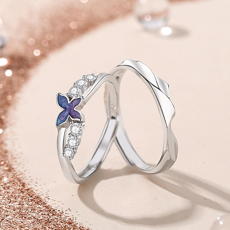 Original design: a pair of sterling silver butterfly couple rings, featuring a minimalist and unique style with delicate cubic zirconia and enamel accents