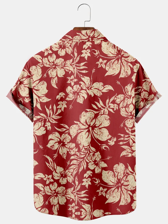 Holiday Style Hawaiian Series Plant Flower Leaf Element Lapel Short-Sleeved Shirt Print Top
