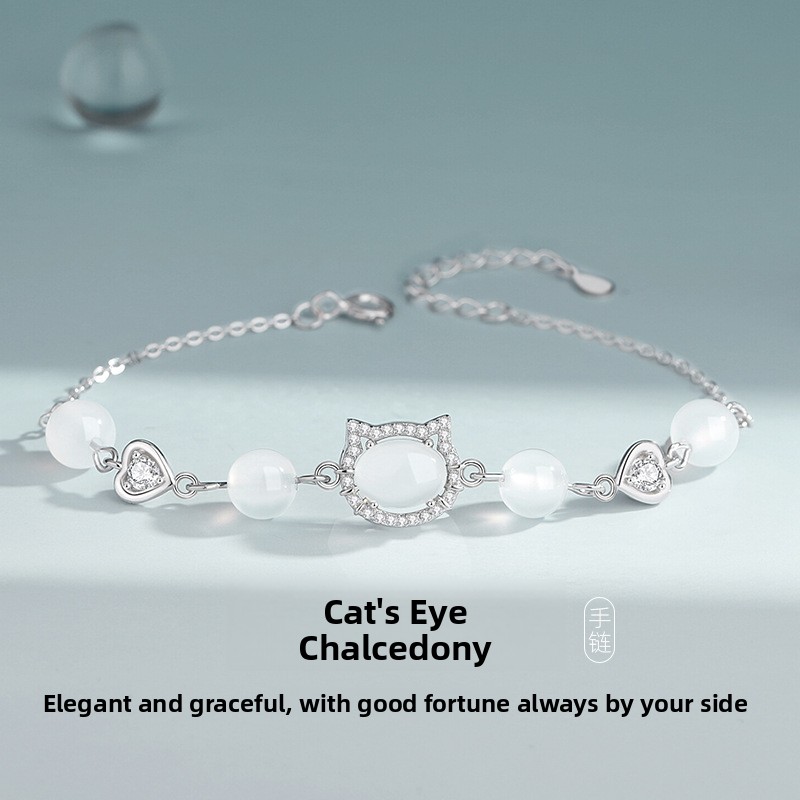 925 sterling silver cat and white jade bracelet, Korean-style, niche design, perfect for girls, a popular bracelet on Xiaohongshu