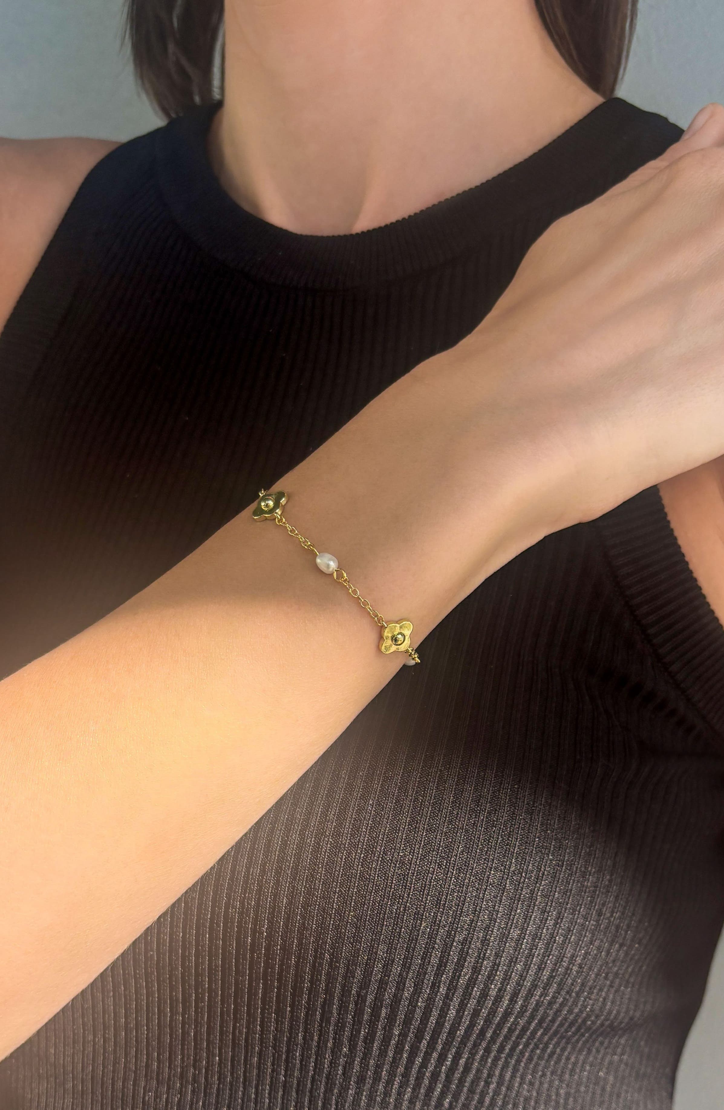 Adornia 14K Gold Plated Freshwater Pearl & Flower Station Chain Bracelet