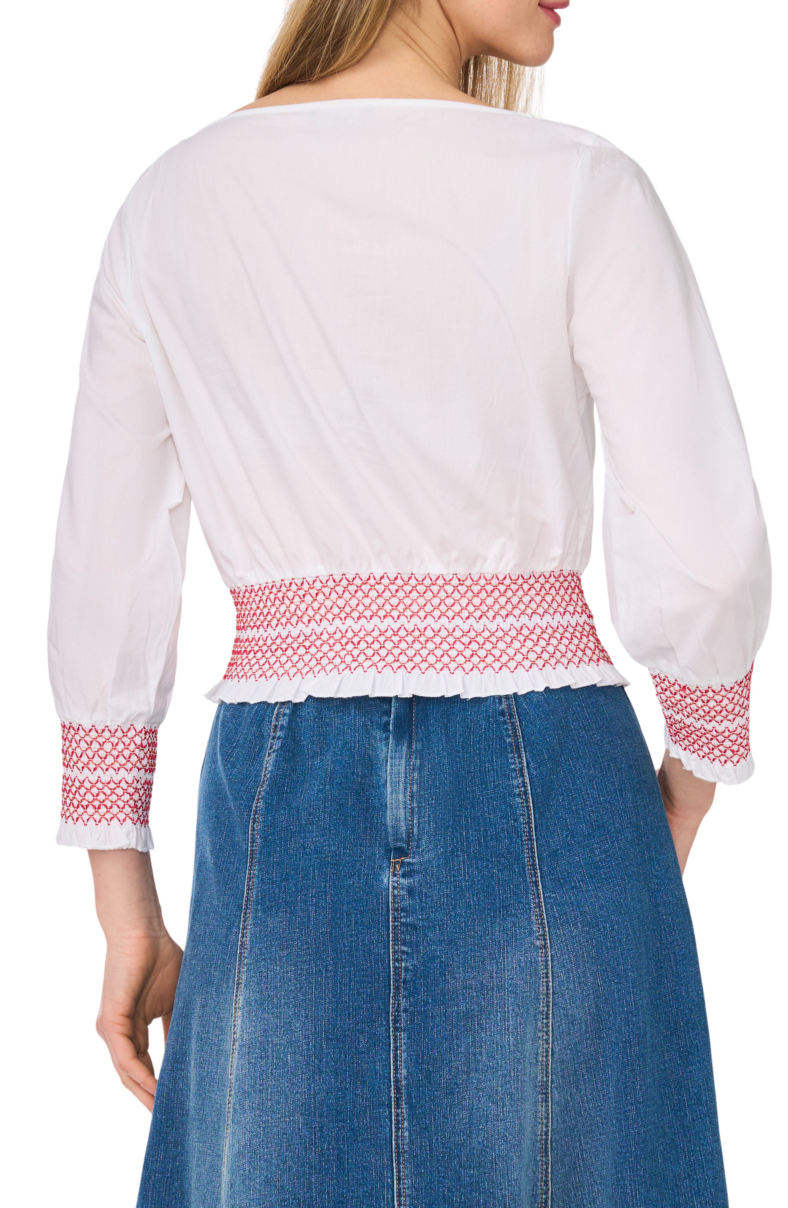 1.STATE Boat Neck Long Sleeve Smocked Top