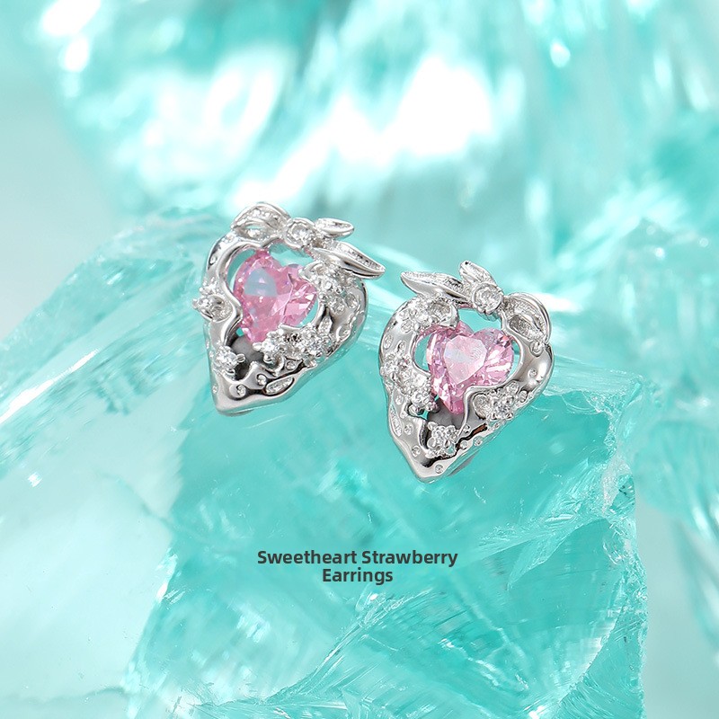 Original design, heart-shaped strawberry earrings for women, made of pure silver, featuring a trendy, minimalist style with delicate cubic zirconia and pink diamonds, perfect for an Instagram-worthy, sweet, and elegant look