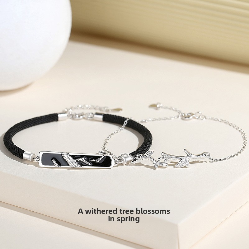 Original design, a couple's bracelet featuring a withered tree coming back to life, made of 925 sterling silver, with a forest-themed leaf design, an Instagram-worthy accessory, and a perfect 520 gift
