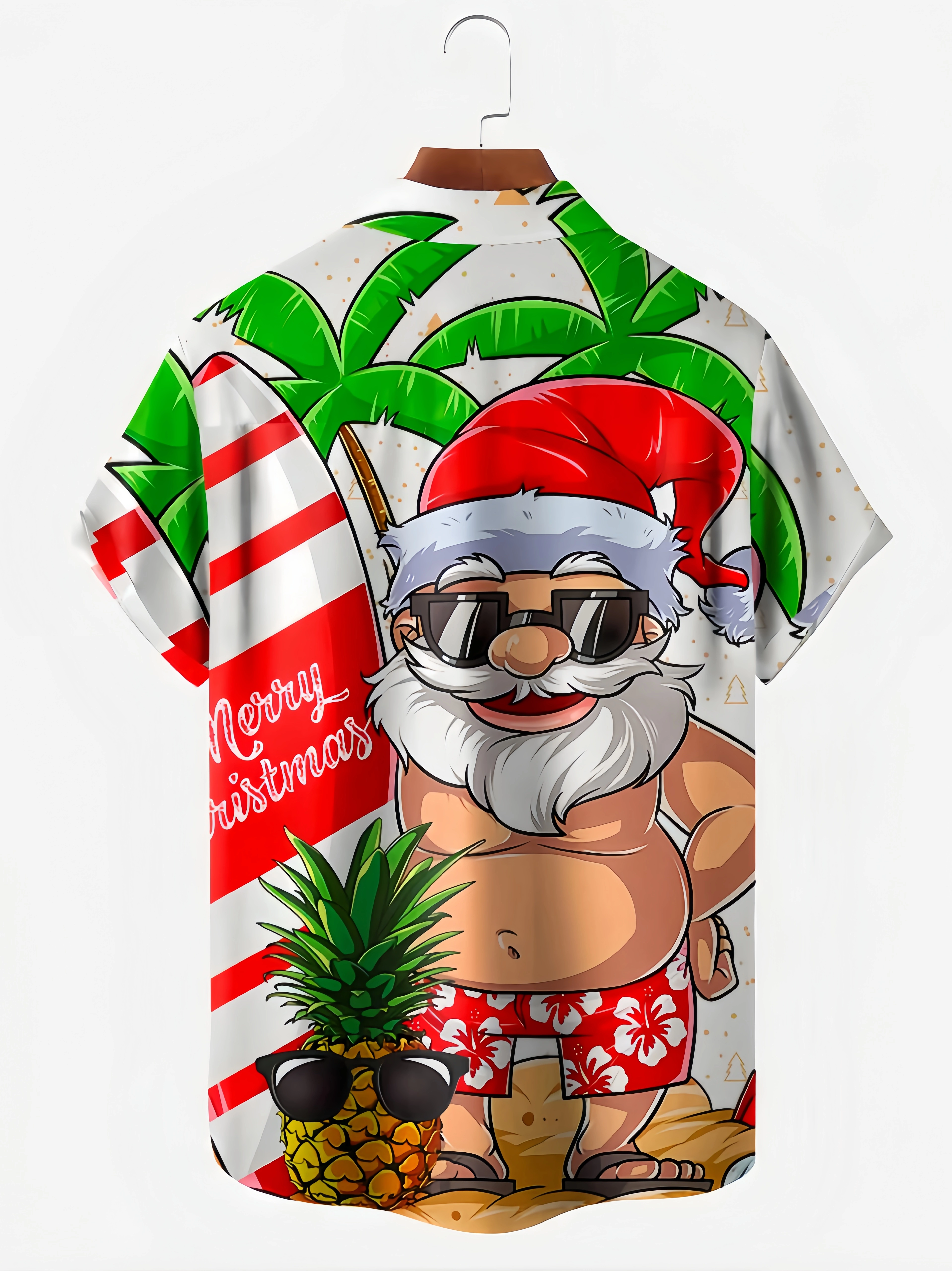 Mens Christmas Santa Surfing Print Front Buttons Soft Breathable Chest Pocket Casual Hawaiian Shirt