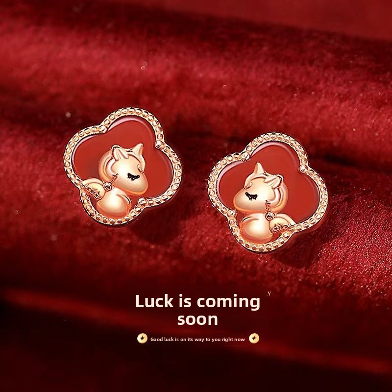 Original Lucky Four-Leaf Clover Cute Horse Earrings for Women, Pure Silver, Chinese-Style, New Chinese Design, Red Agate, New Year Horse Year Earrings, Jewelry