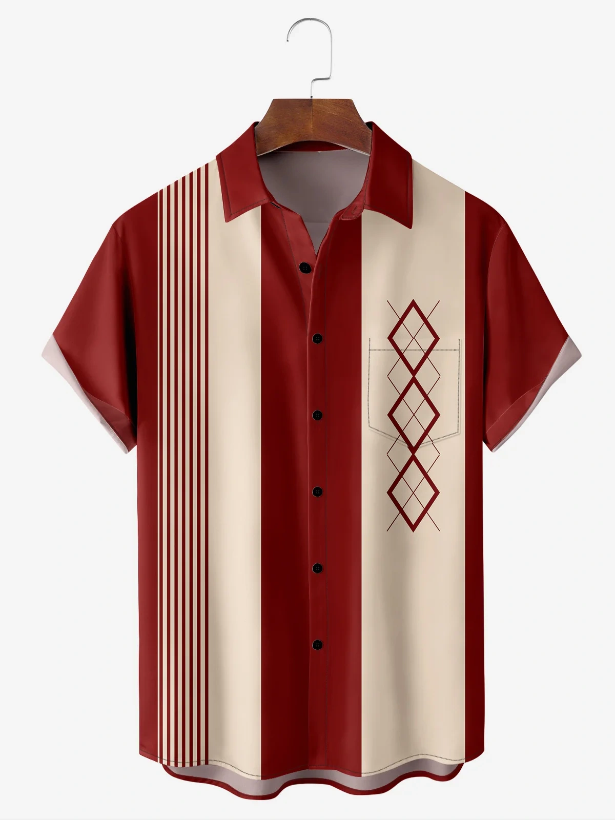 Hardaddy Geometric Color Block Chest Pocket Short Sleeve Bowling Shirt