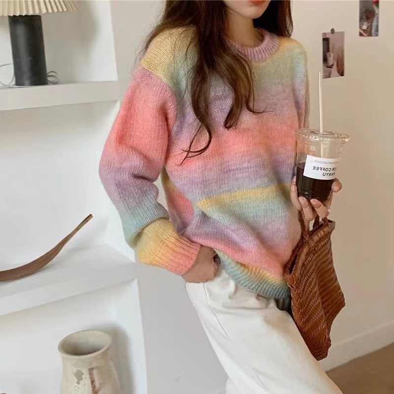 Rainbow Sweater Women's Autumn Crewneck Loose Outerwear Sweet Gradient Mohair Striped Knitted Sweater