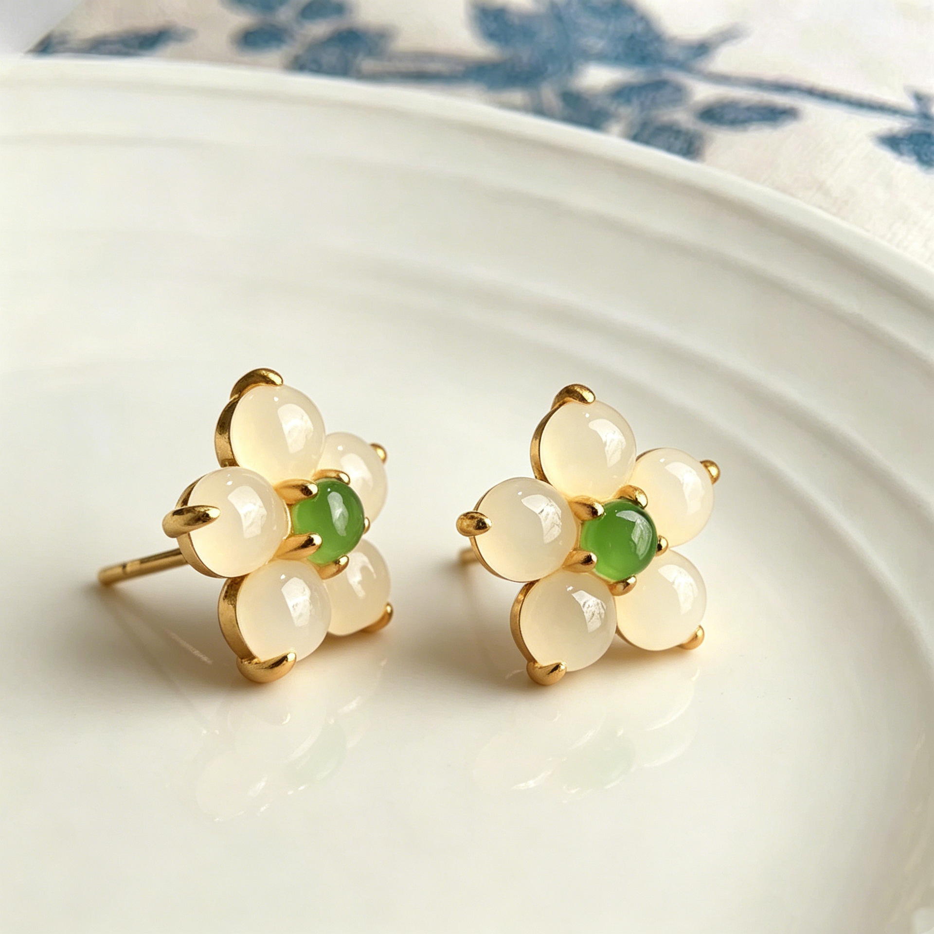 White Jade Peach Blossom Earrings for Women, Pure Silver, Ancient Gold, New Chinese Style, Hetian Jade Earrings, Vintage Artistic Flower Ear Jewelry