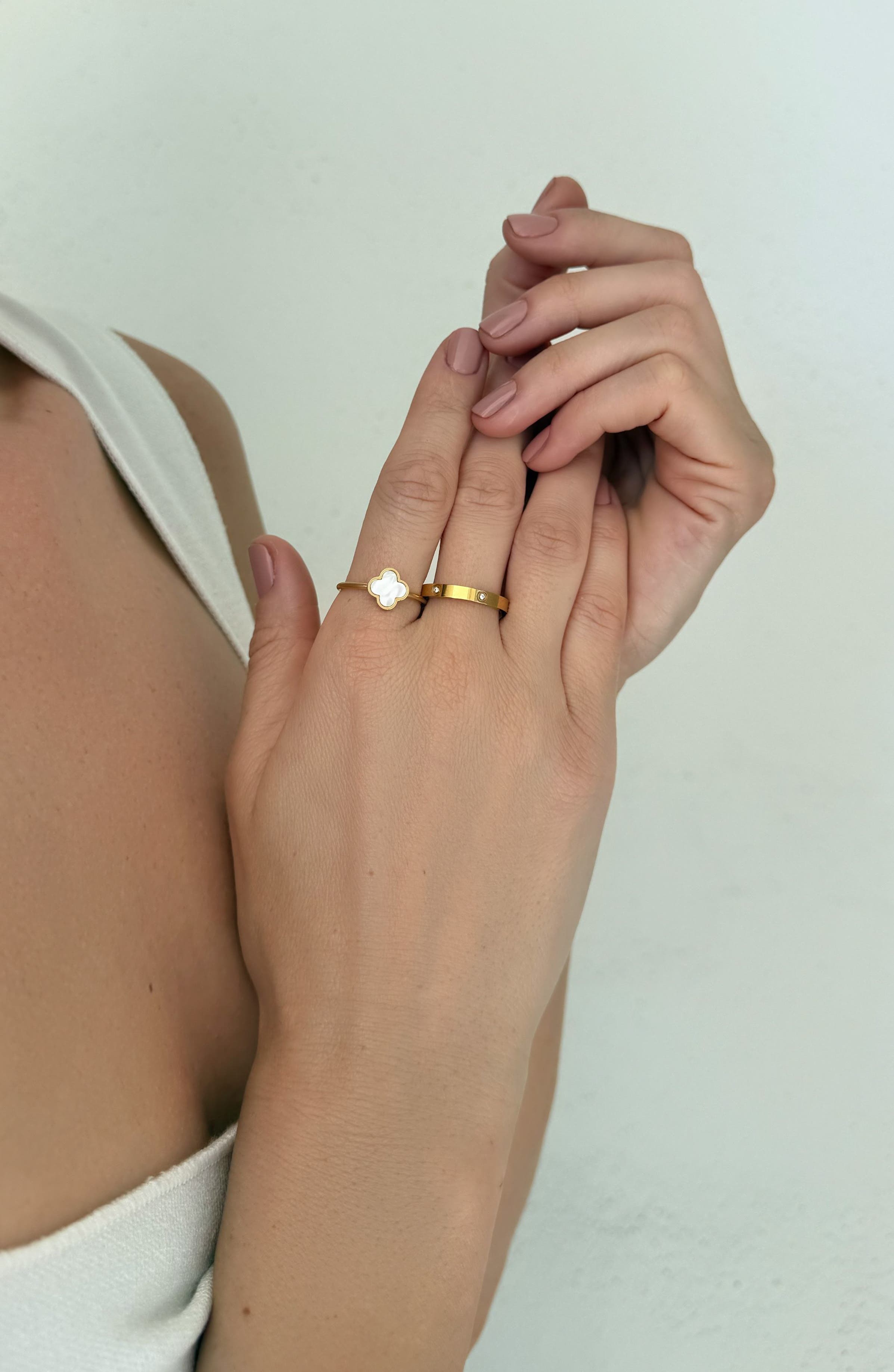 Adornia Set of 2 Mother-of-Pearl Clover & Cubic Zirconia Band Rings