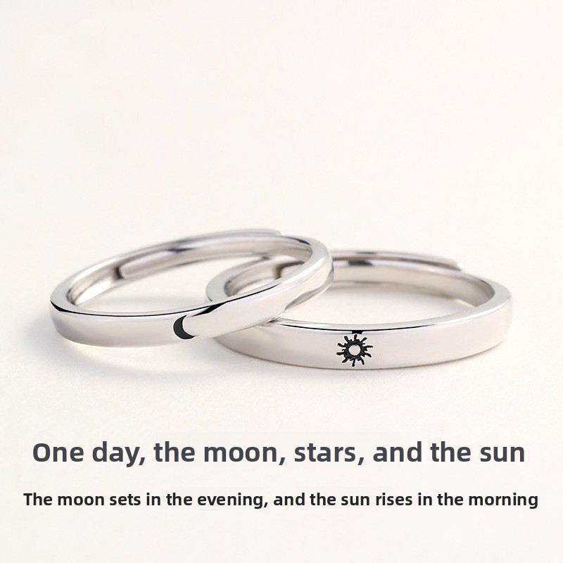 925 sterling silver sun and moon couple rings, Korean style, simple and fashionable, adjustable open rings for students, unisex, ins style