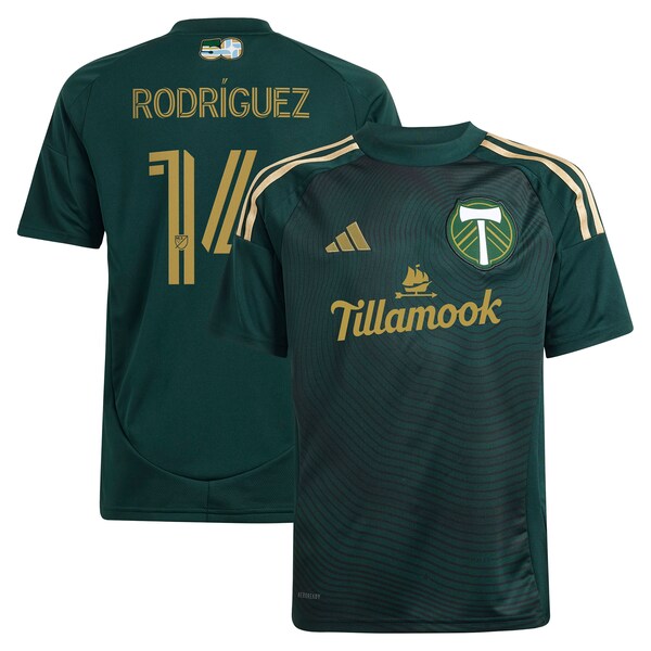 Jonathan Rodríguez Portland Timbers adidas Youth 2025 Forever Green & Gold Replica Player Jersey - Green