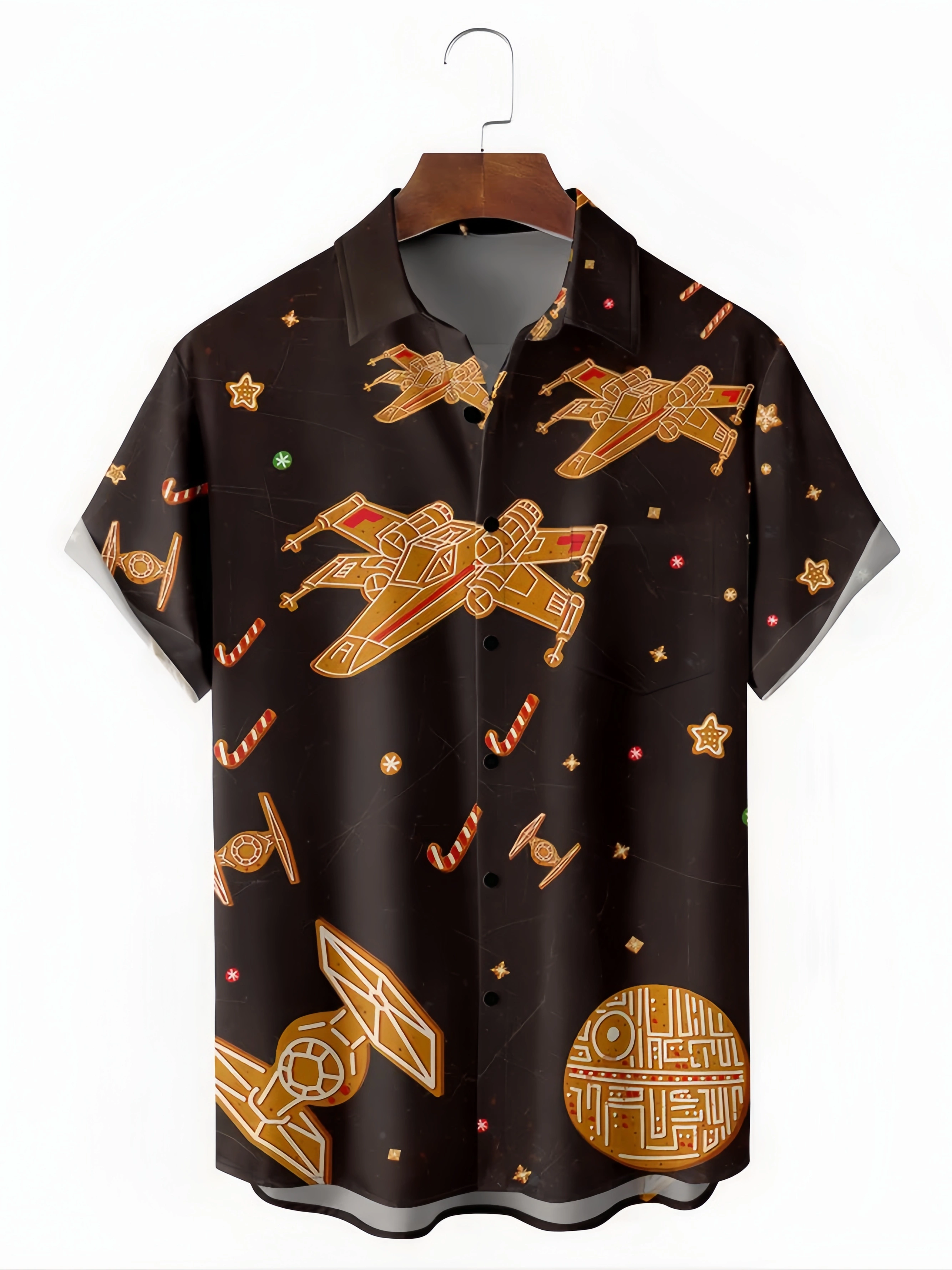 Christmas Spaceship Chest Pocket Short Sleeve Casual Shirt