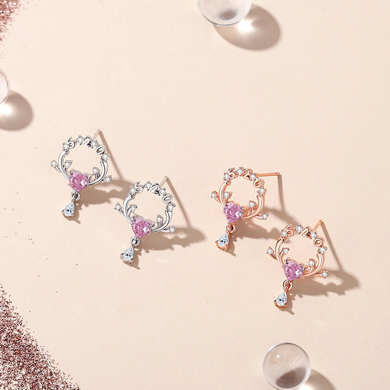 Original heart-shaped deer antler earrings, 925 sterling silver geometric pink zircon earrings, sweet girly heart earrings, 520 gift