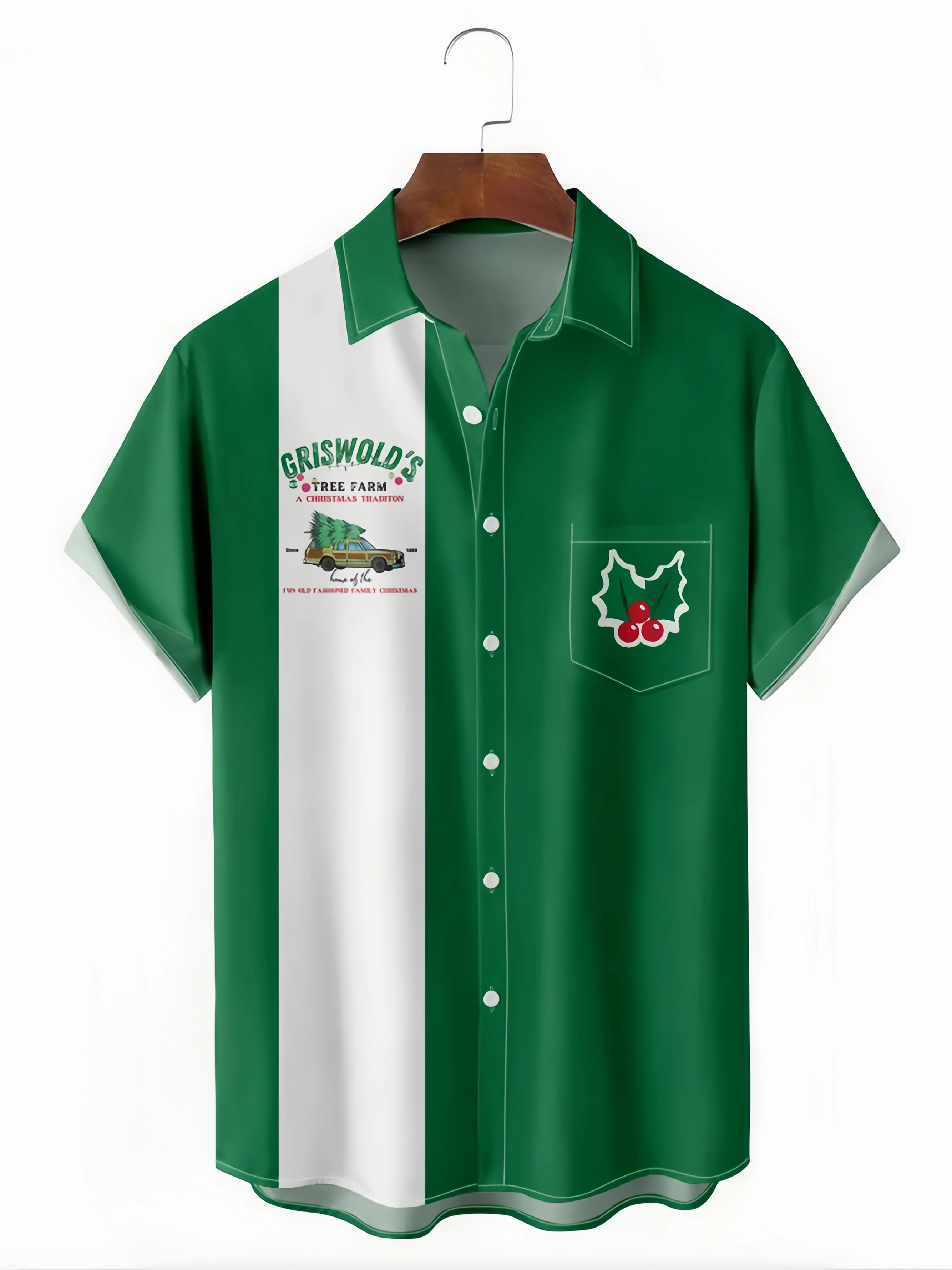 Christmas Griswold Berries Chest Pocket Short Sleeve Bowling Shirt