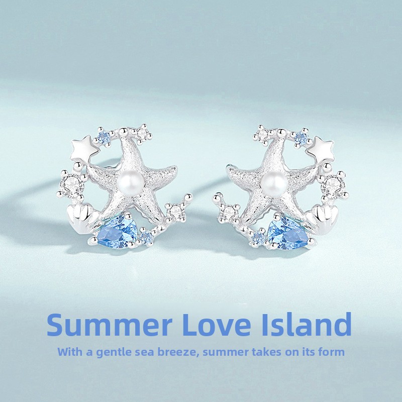 Original starfish shell pearl earrings for women, sterling silver, unique design, five-pointed star earrings, artistic style jewelry