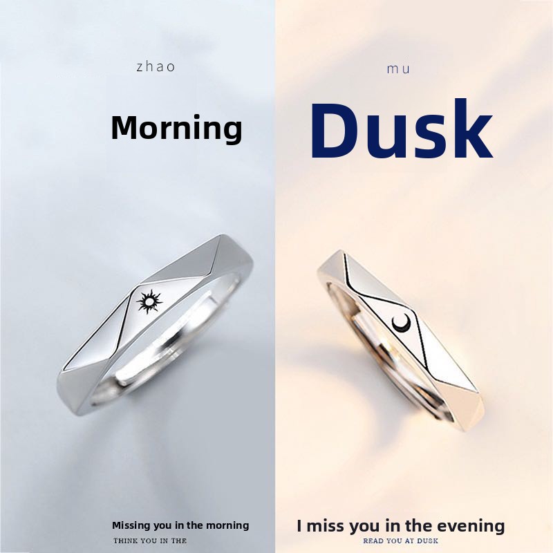S925 sterling silver sun and moon couple rings, Korean-style diamond-shaped elegant rings, Korean-style simple couple rings, a pair of jewelry