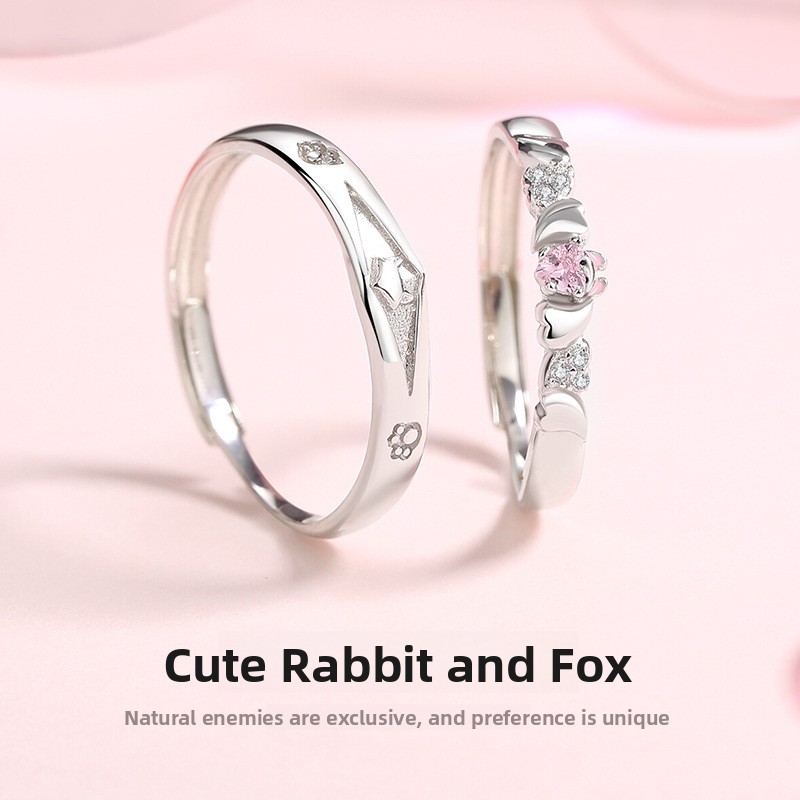 Original and adorable rabbit and fox couple rings, featuring a unique design and cartoon motifs, made of sterling silver, perfect as a Christmas gift