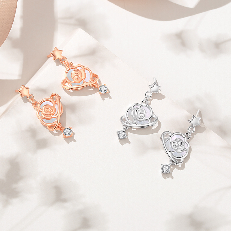 Original Planet Rose Flower Earrings for Women, Pure Silver, Summer Fresh Floral Mother-of-Pearl Earrings, Ins-style Chic Earrings
