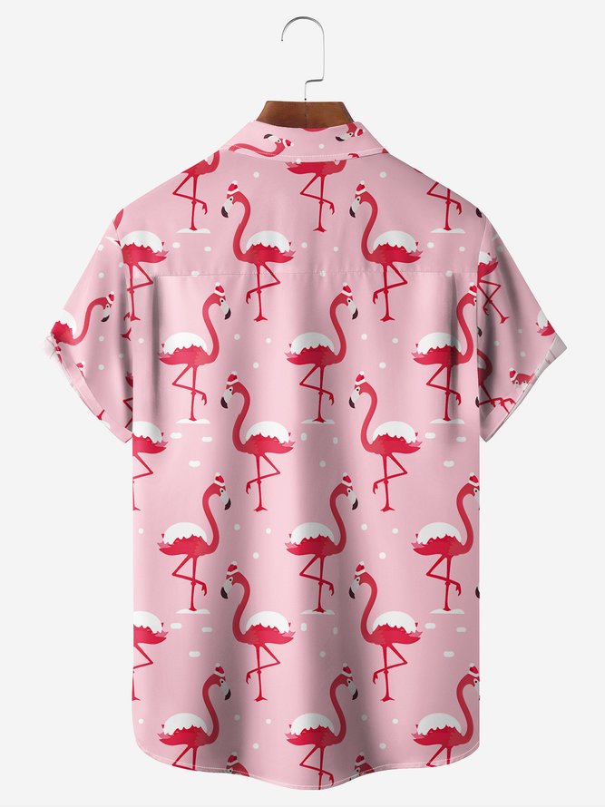 Christmas Flamingo Chest Pocket Short Sleeve Vacation Shirt
