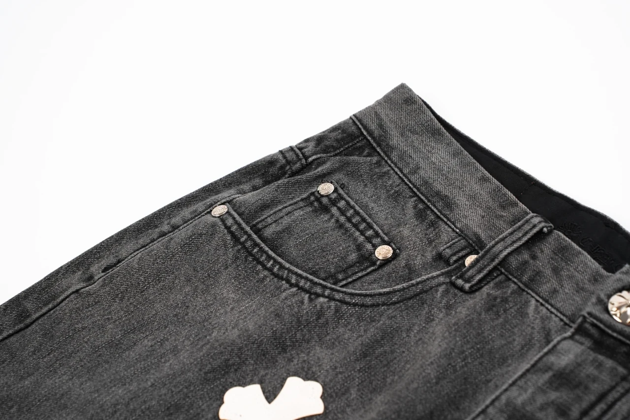 Chrome Hearts Black Grey Flame Cross Leather Patch Jeans product photo from LabelPicks
